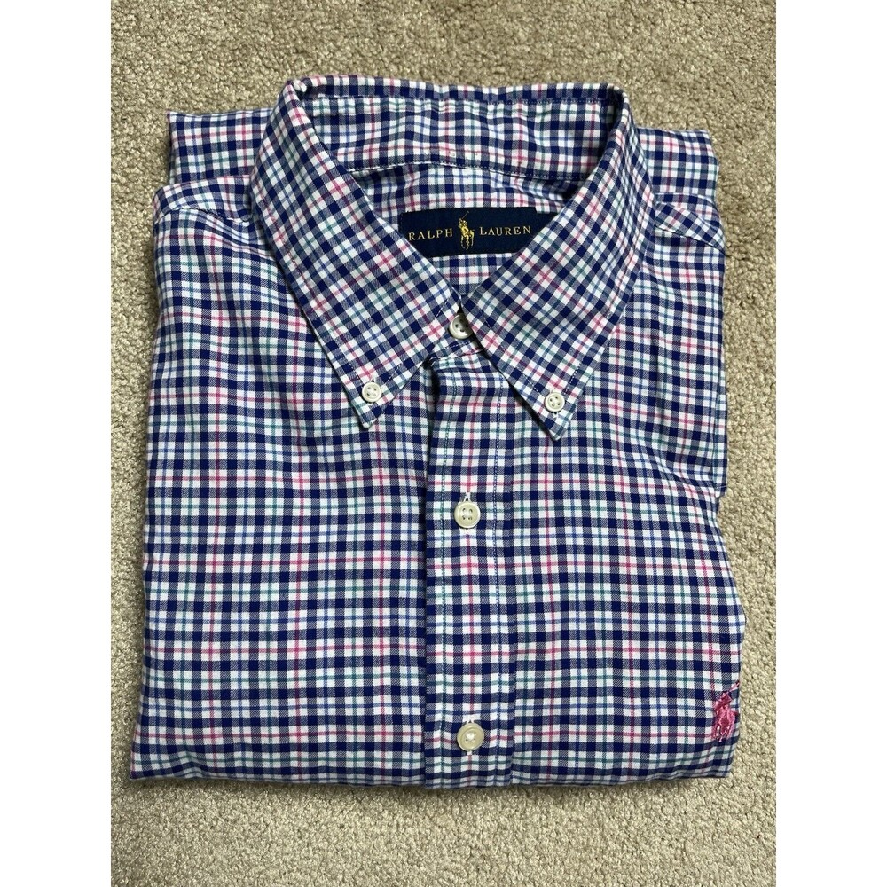 Ralph Lauren Mens Shirt Sz LG Cotton Gingham Check Blue Pink Green Plaid EUC